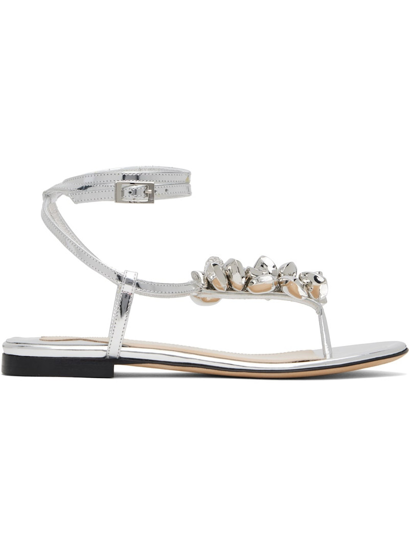 Silver Puffy Heart Mirror Leather Thong Sandals 1