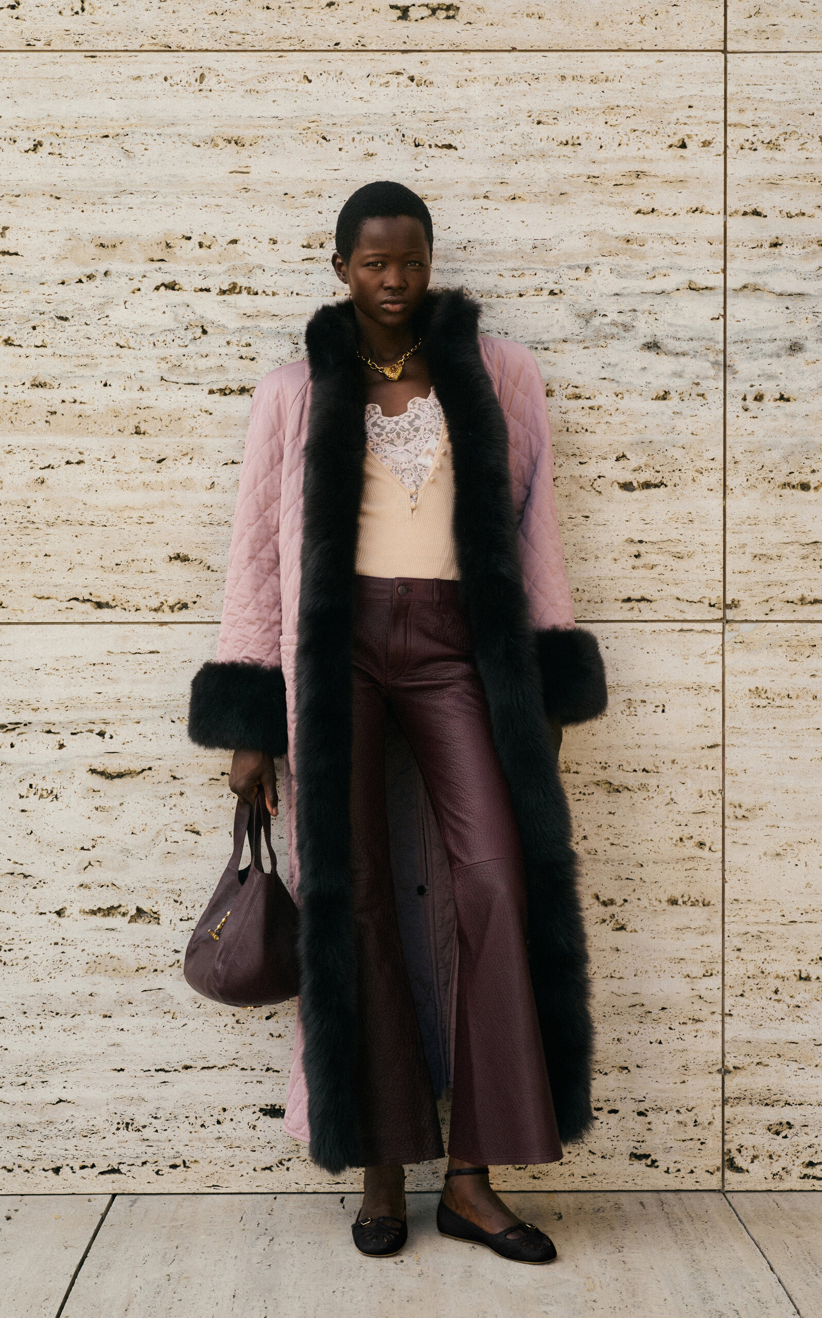 Fur-Trimmed Technical Satin Coat brown - 2