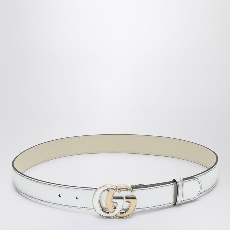 Gucci Gg Marmont Metallic Leather Silver Belt Women - 1