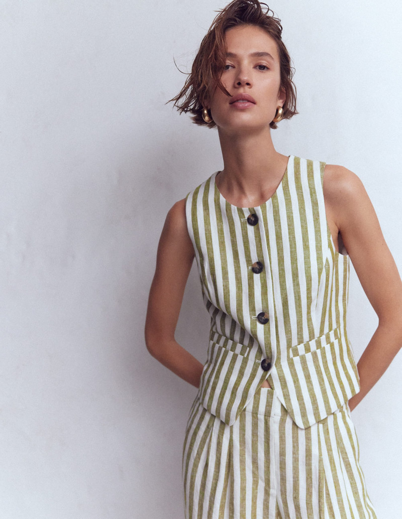 BODEN Linen Scoop Neck Waistcoat-Olive, Ivory Stripe outlook