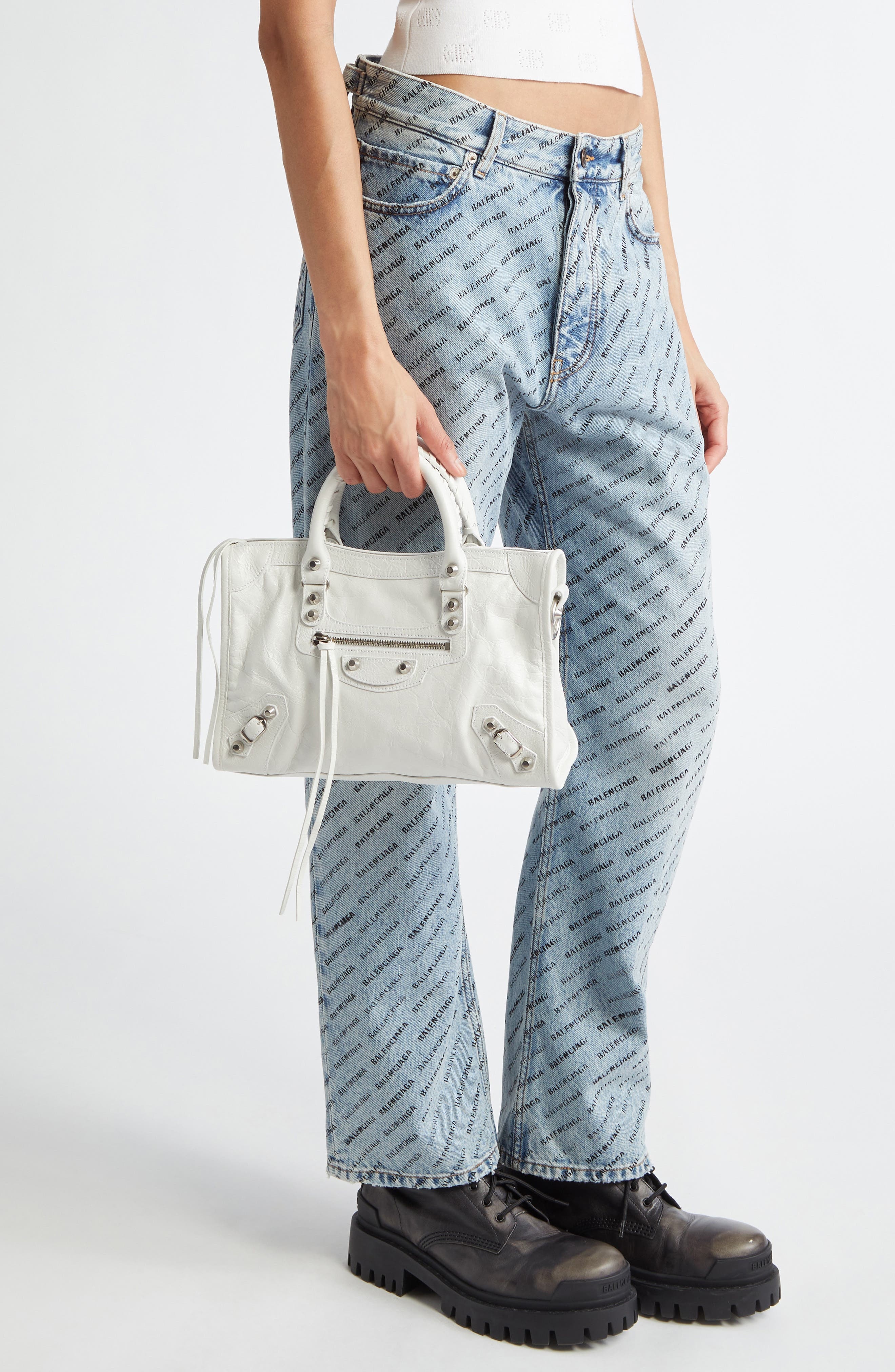 Balenciaga Small Le City Crinkle Leather Top Handle Bag in Optic White at Nordstrom - 3