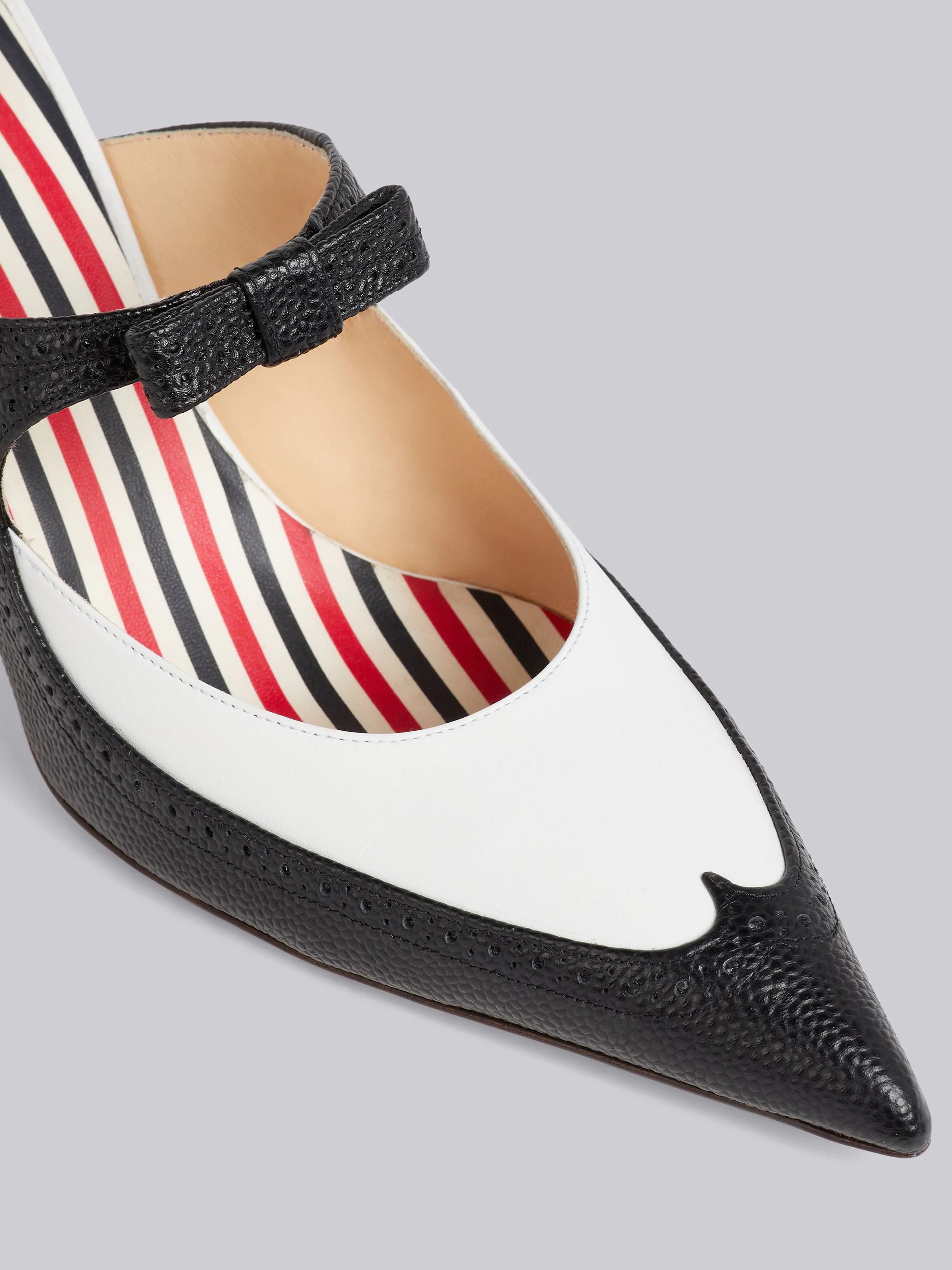 Black And White Soft Calfskin Curved Brogued Bow Mule - 2