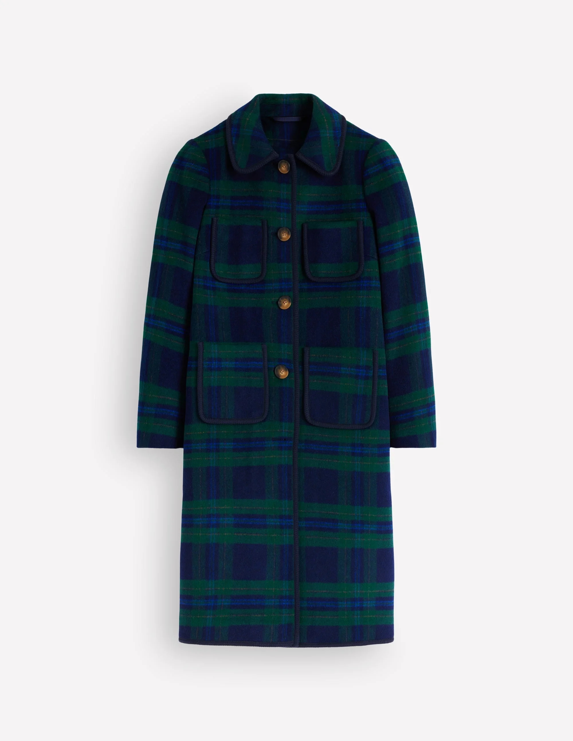 Patch Pocket Wool Blend Coat-Navy, Green and Blue Check - 1