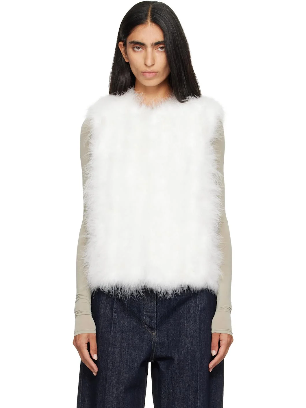 White Cropped Feather Gilet Vest - 1