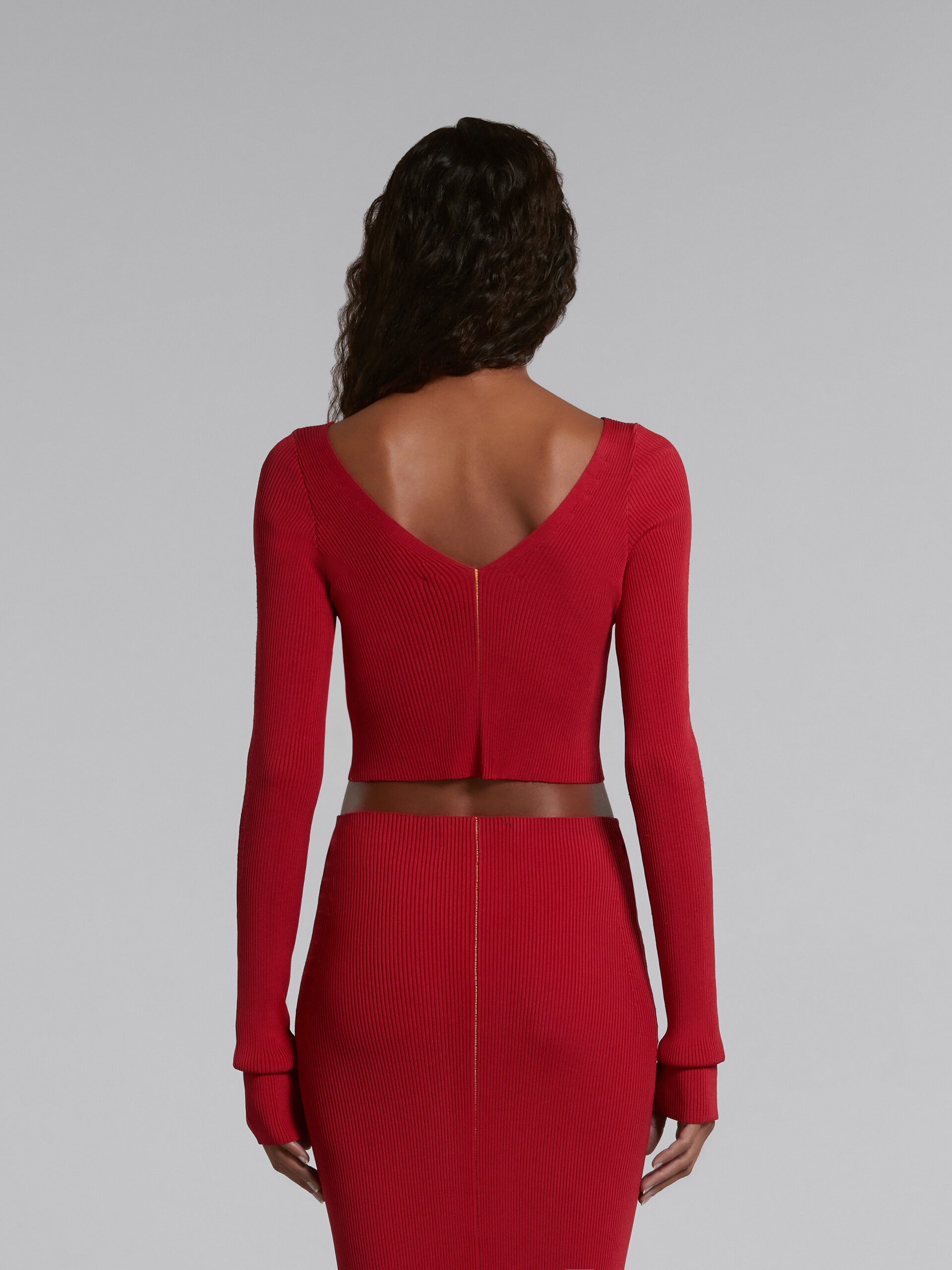 RED RIBBED JUMPER WITH V-NECK - 3