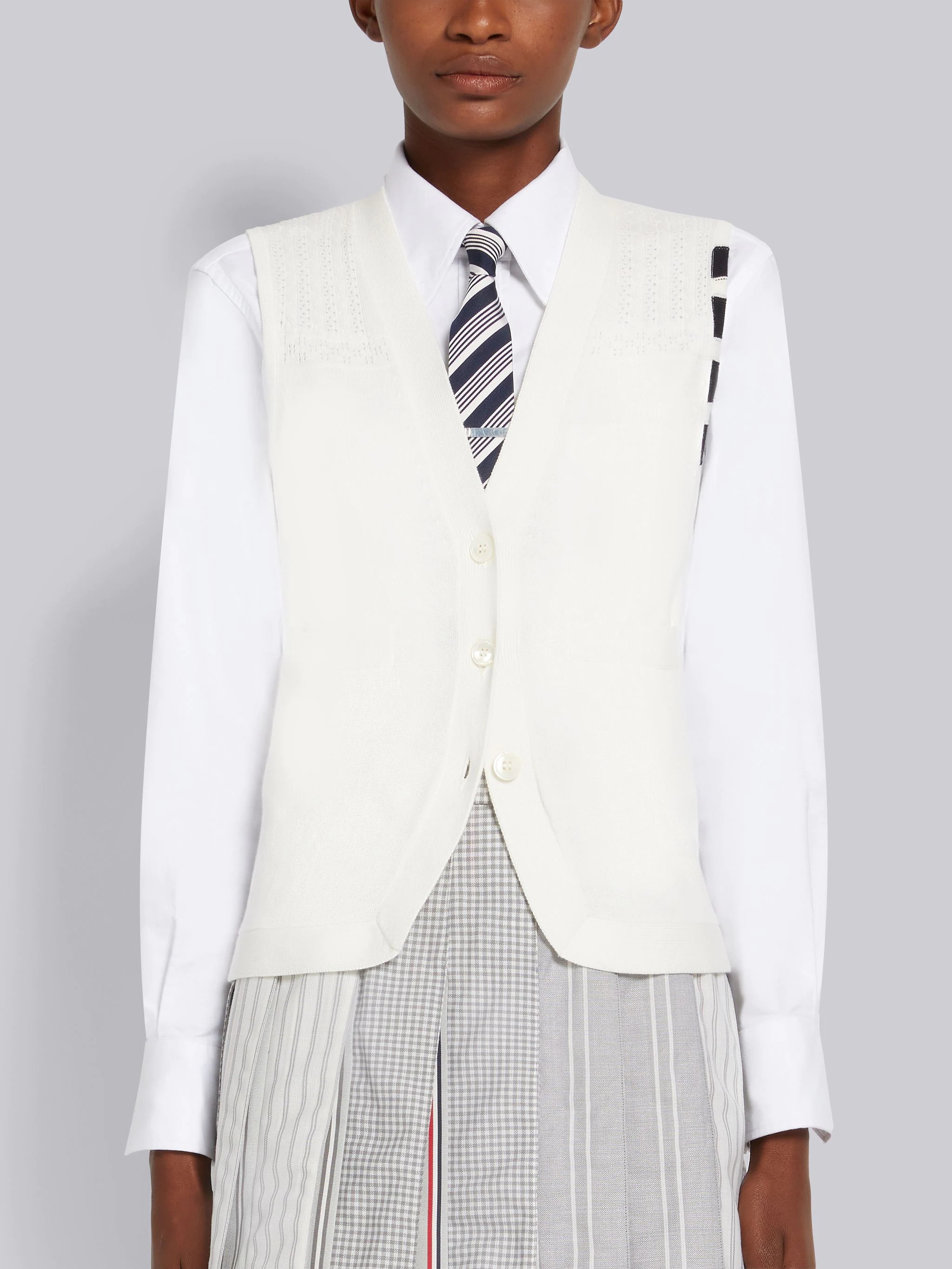 White Cotton Hector Medallion 4-Bar V-Neck Vest - 1