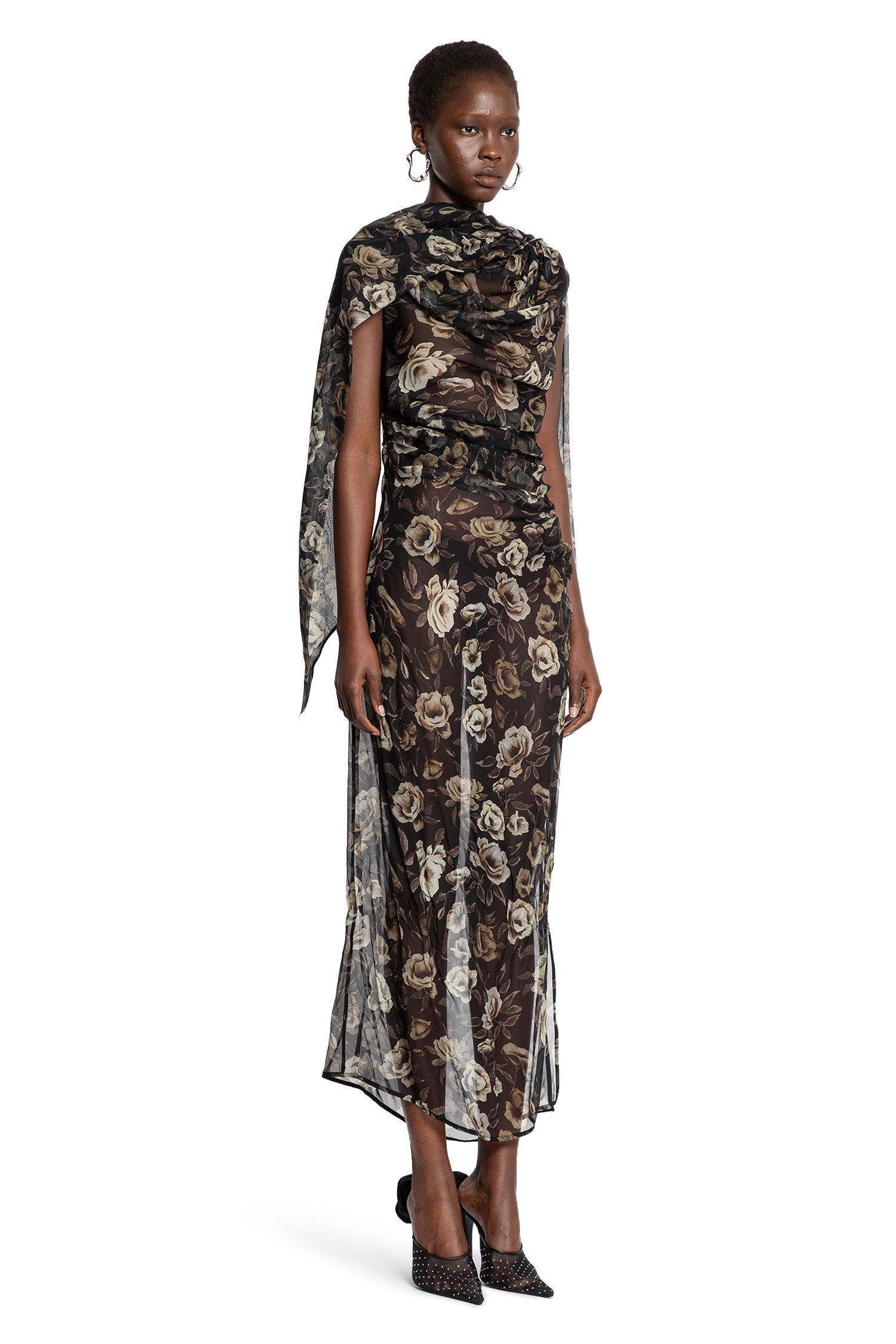 Draped-High-Neck-Dress-In-Floral-Print - 2