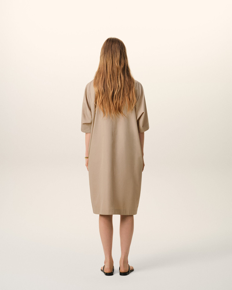 BEIGE COTTON STAND UP COLLAR BUTTONED DRESS 5