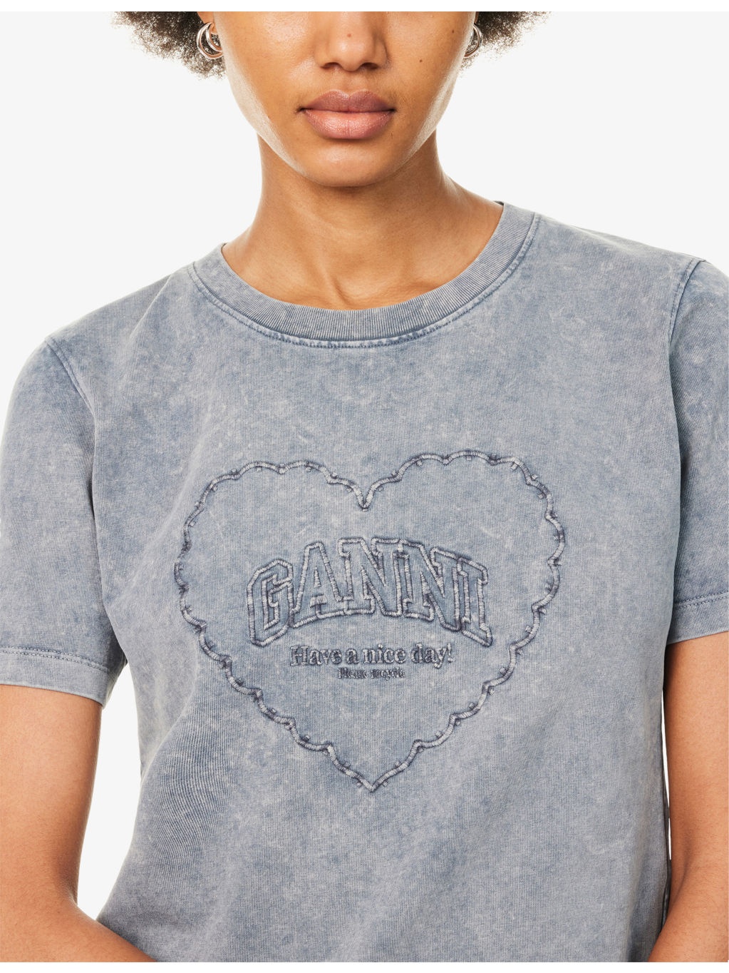 Heart-Embroidery Round-Neck Cotton-Jersey T-Shirt - 5