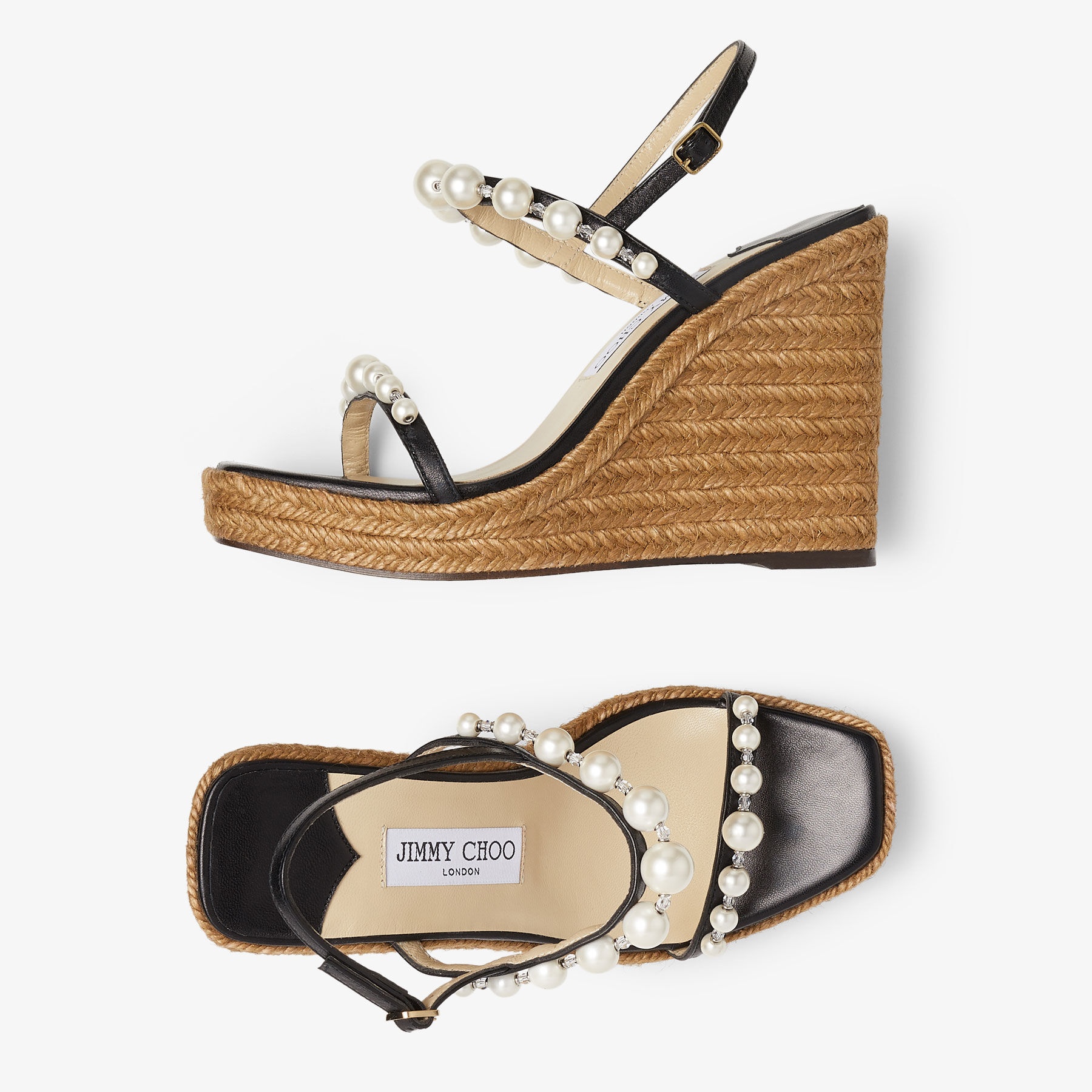 【 JIMMY CHOO】Amatuus 110 パール ウエッジサンダル AMATUUS 110 | Black Nappa Latte Wedge Sandals with Pearls