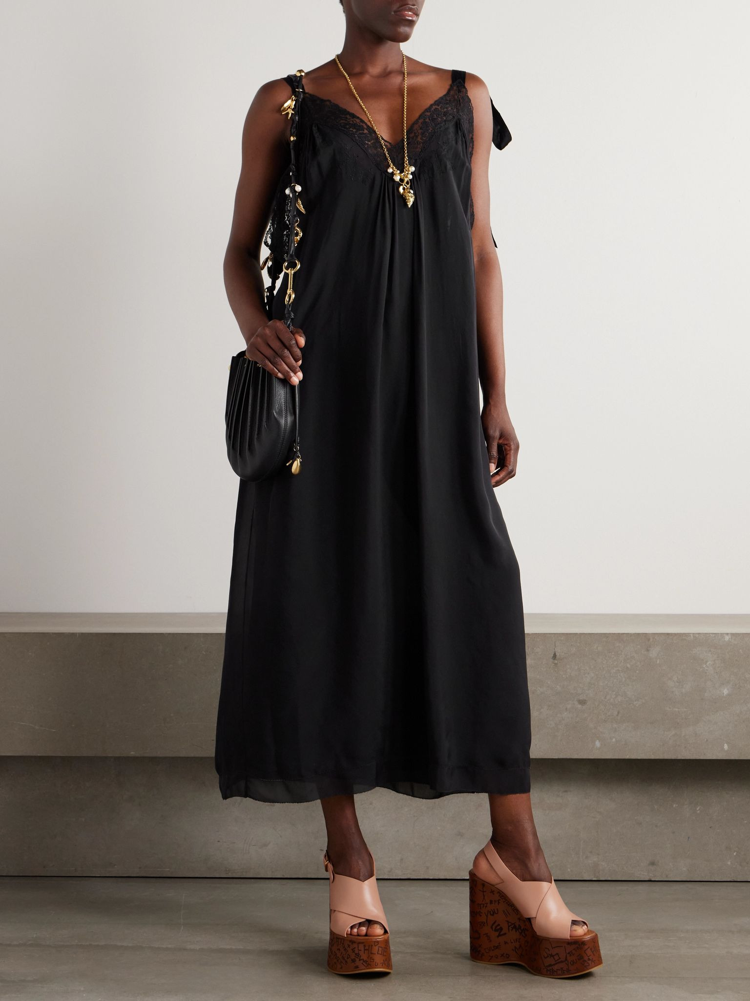 Lace-trimmed organic silk-charmeuse midi dress Black - 2