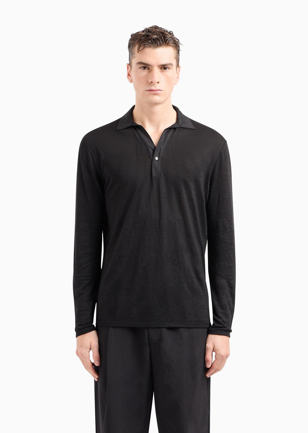 Long-sleeved polo shirt in pure linen jersey - 2