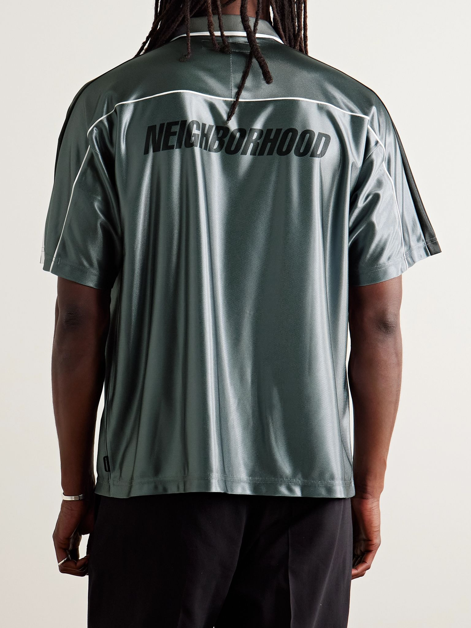Game Appliquéd Logo-Print Striped Satin Polo Shirt Gray - 3