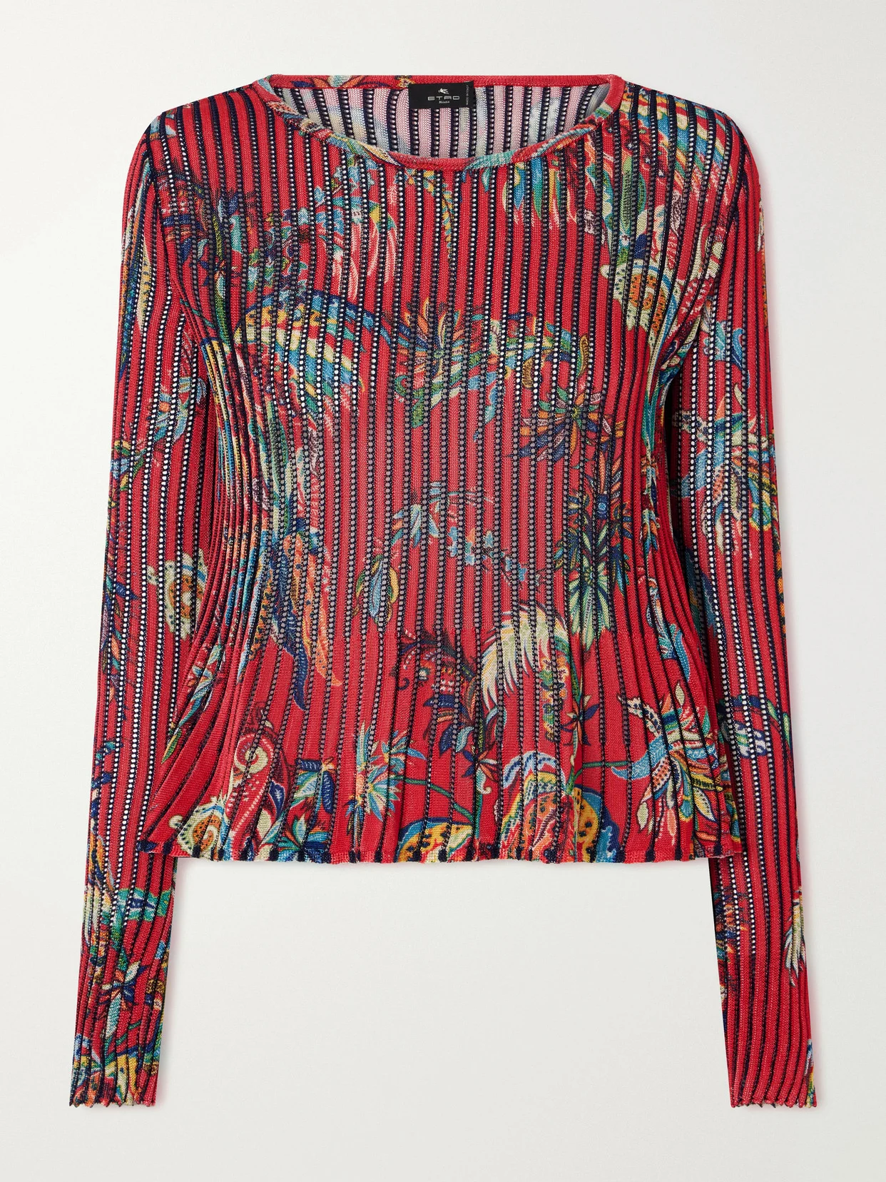 Floral-print Open-knit Ribbed Blouse - 1