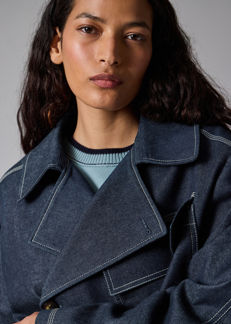Denim Cotton-Blend Cropped Asymmetric Jacket with Topstitching 9