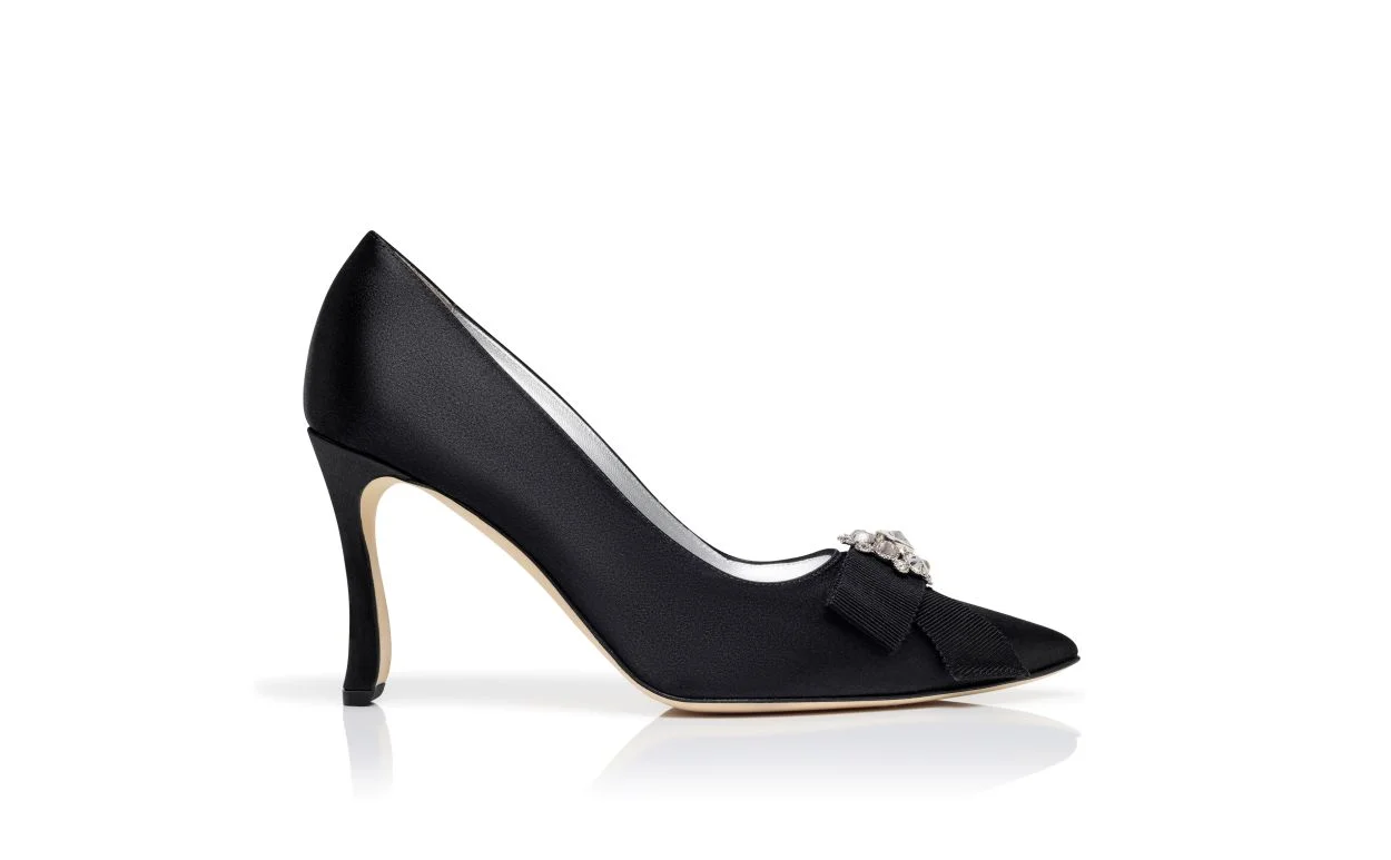 Black Satin Jewel Embellished Pumps - 1