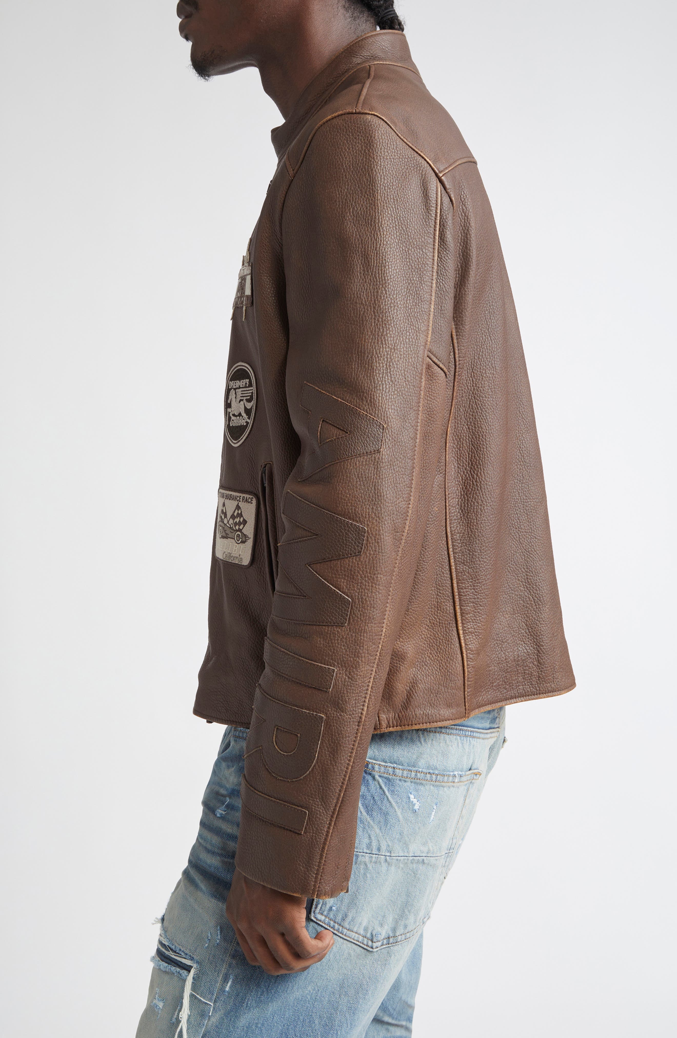 AMIRI Patch Racer Leather Jacket in Walnut Brown at Nordstrom - 4