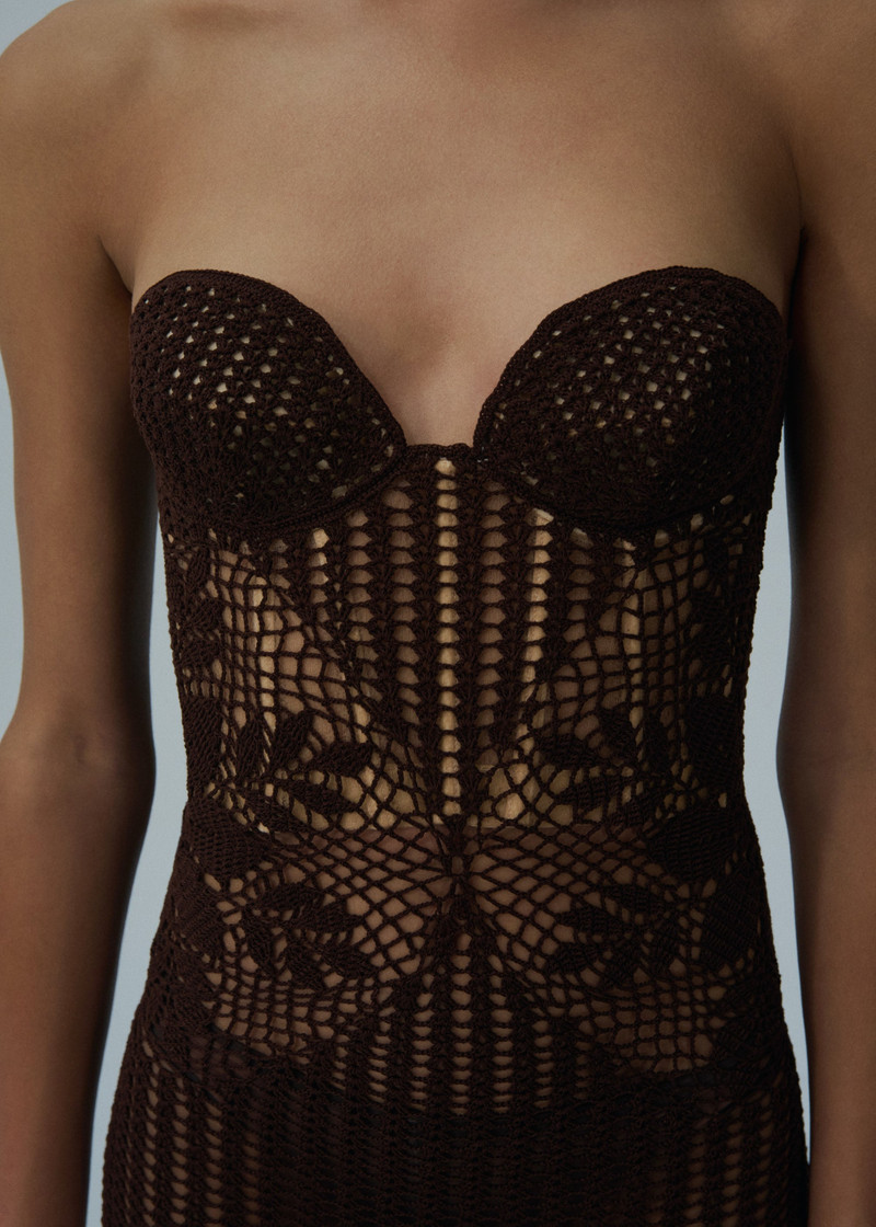 Strapless lace crochet bustier dress in brown 5