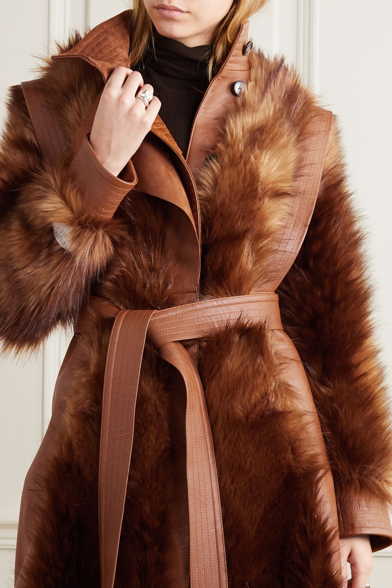 Belted vegetarian leather and faux fur coat - 3