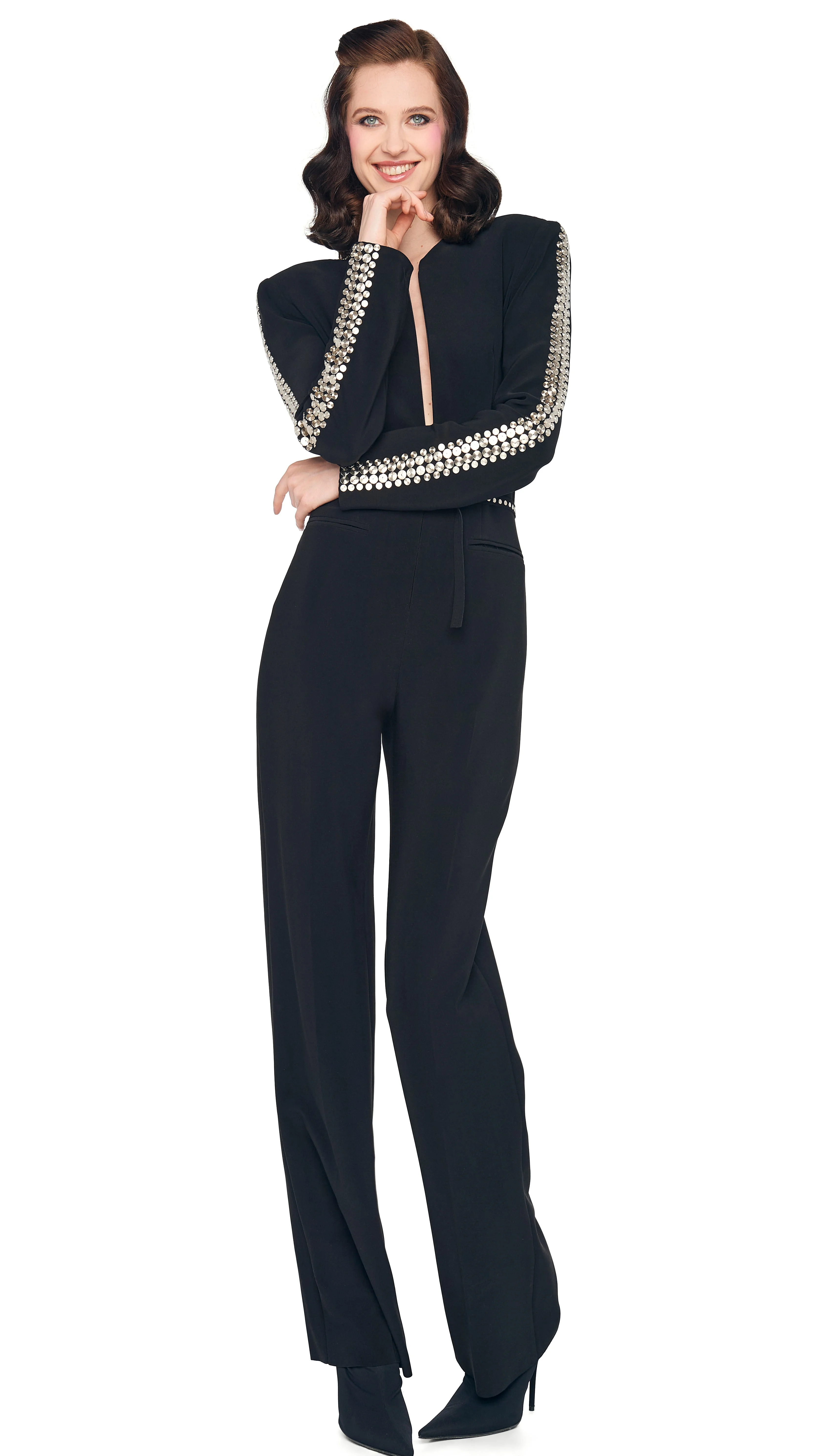 STUD ZIP FRONT STRAIGHT LEG JUMPSUIT - 1