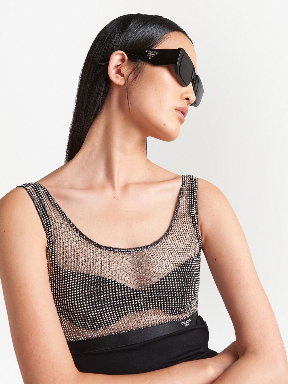 rhinestone-embellished mesh crop top - 4