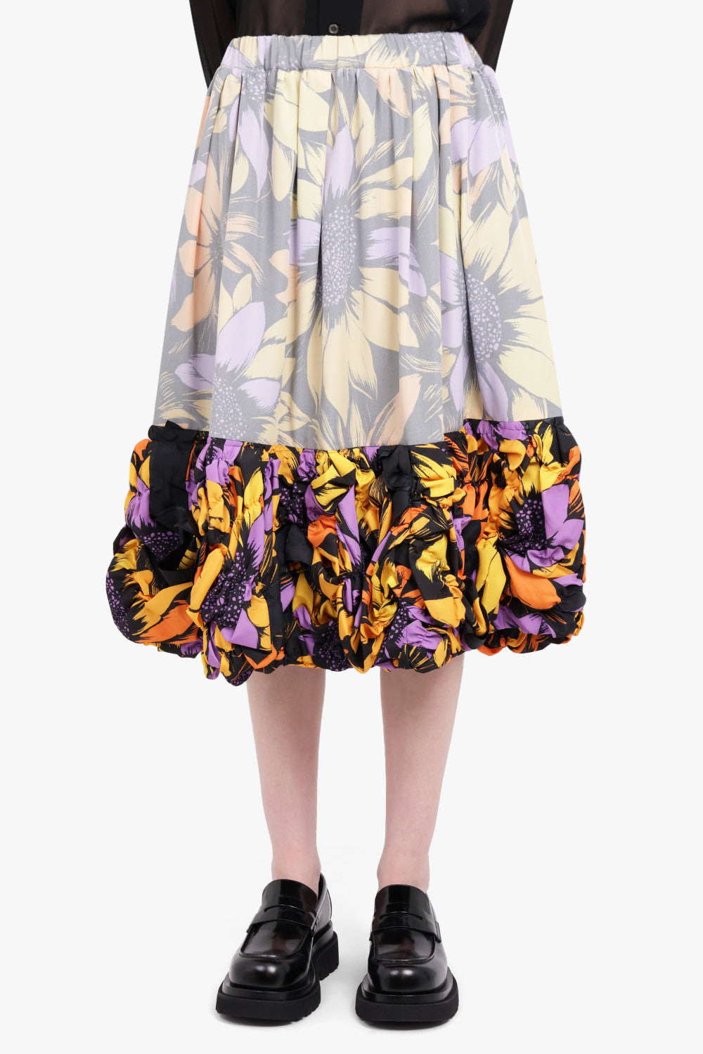 CONTRAST DETAIL FLORAL PRINT MIDI SKIRT WITH RUFFLE HEM | MULTI - 3
