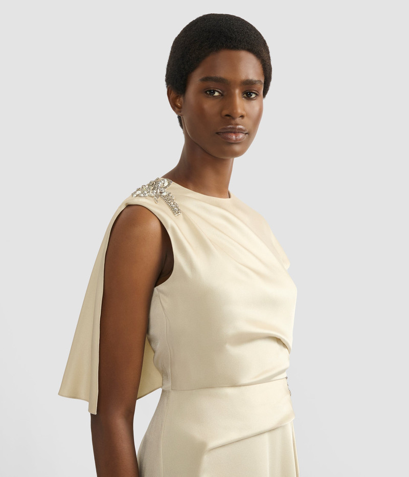 EMBELLISHED SATIN CADY DRAPED MIDI DRESS 5