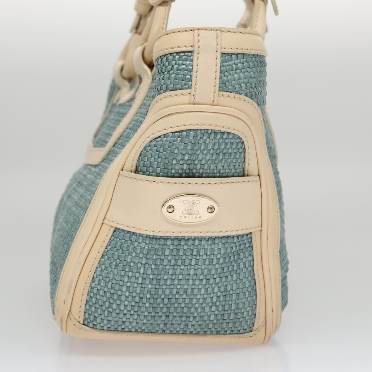 CELINE Hand Bag Straw Leather Blue Cream Gold - 4