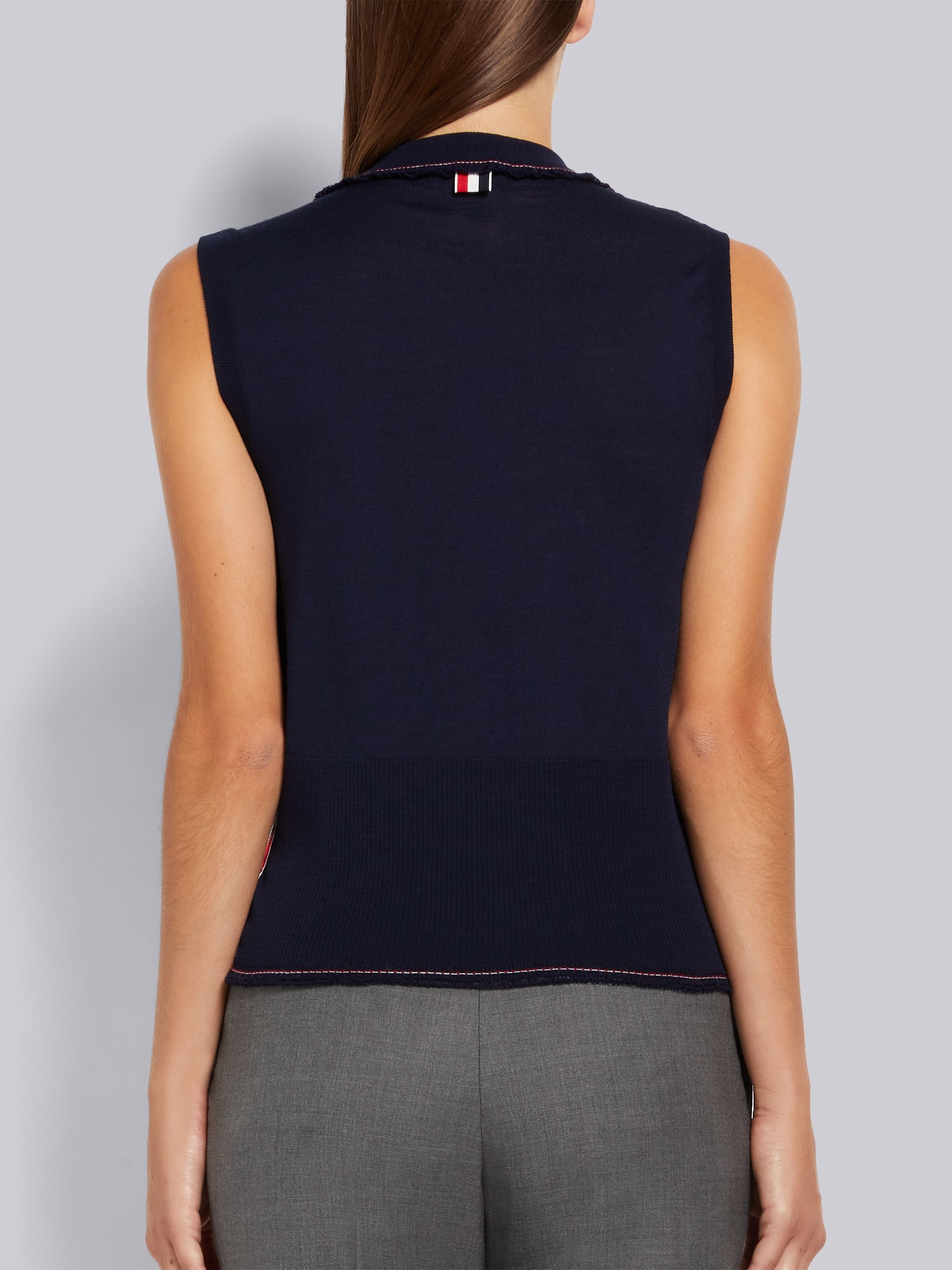 Navy Lightweight Wool Crepe Stripe Ruffle Trim Chest Pocket Shell Top - 3