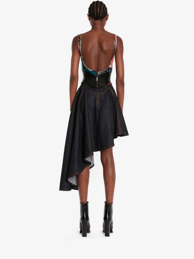Women's Asymmetric Drape Denim Skirt in Dark Navy - 4