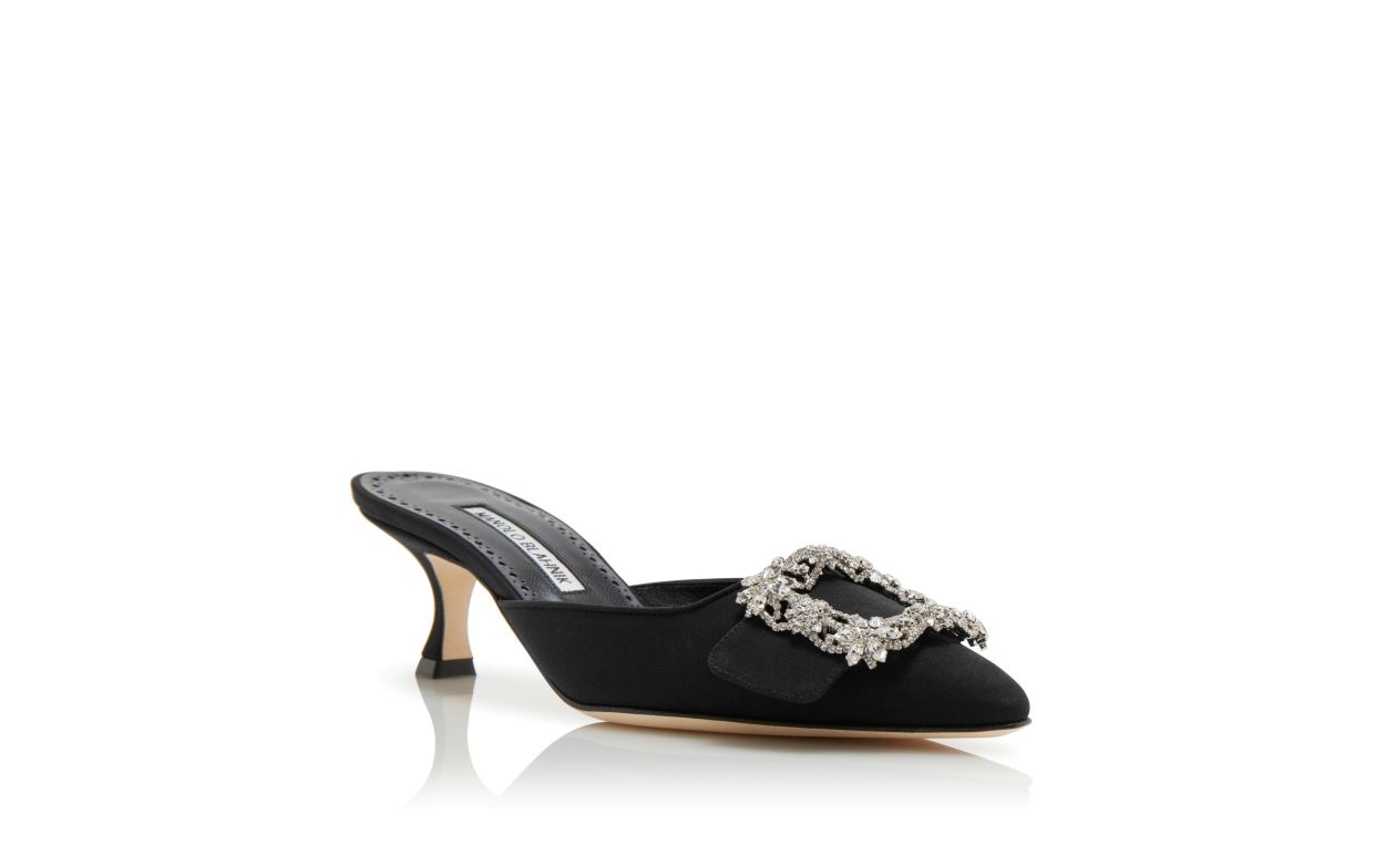 Black Crepe De Chine Crystal Buckle Mules - 3