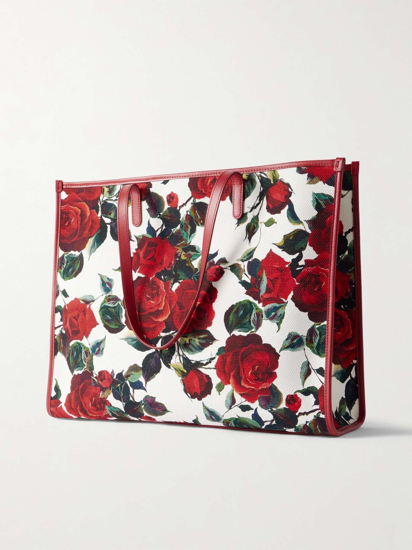 Large floral-print leather-trimmed canvas tote Red - 3