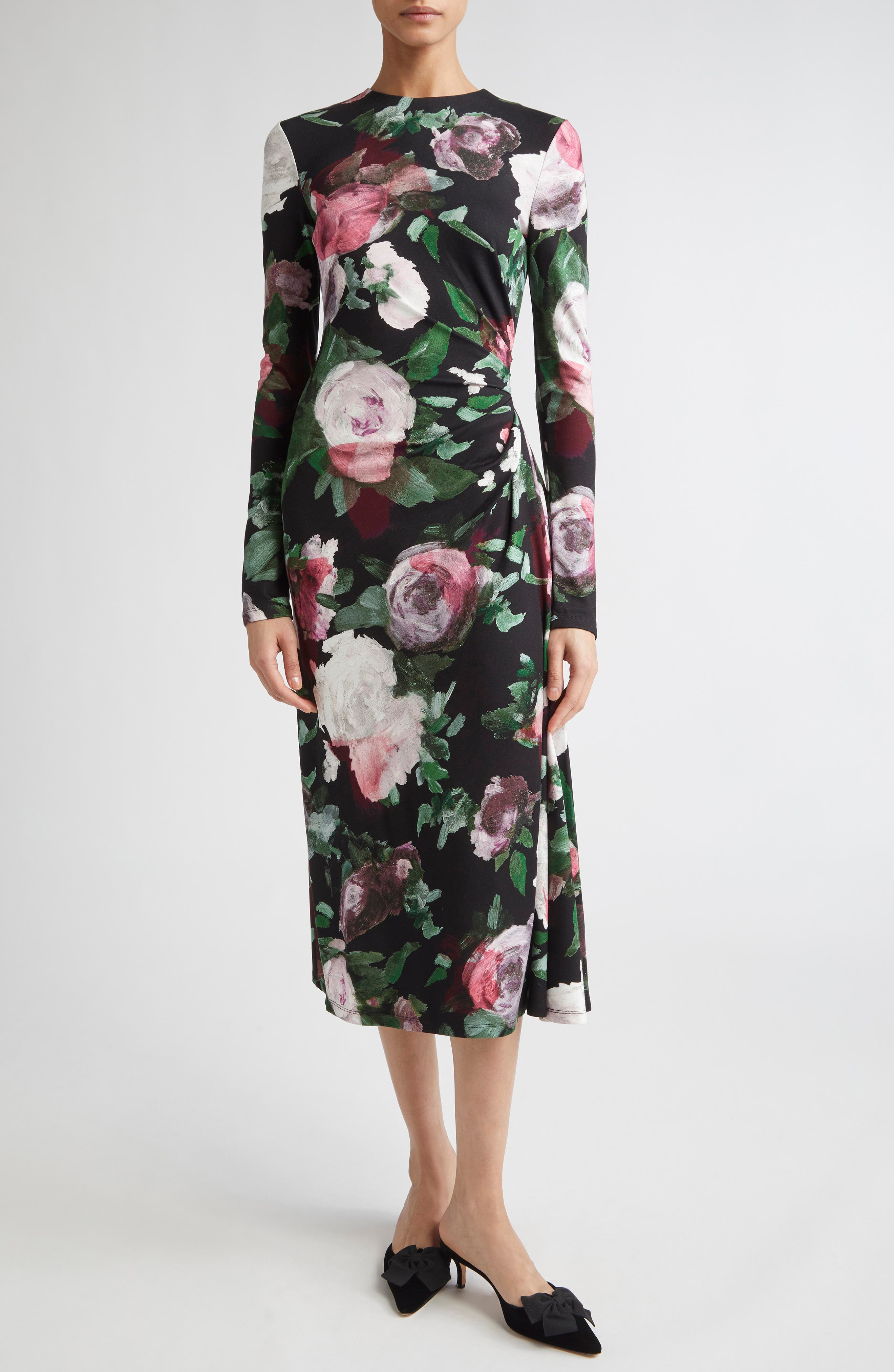 Erdem Painted Rose Draped Long Sleeve Jersey Midi Dress in Painted Rose Black at Nordstrom - 1