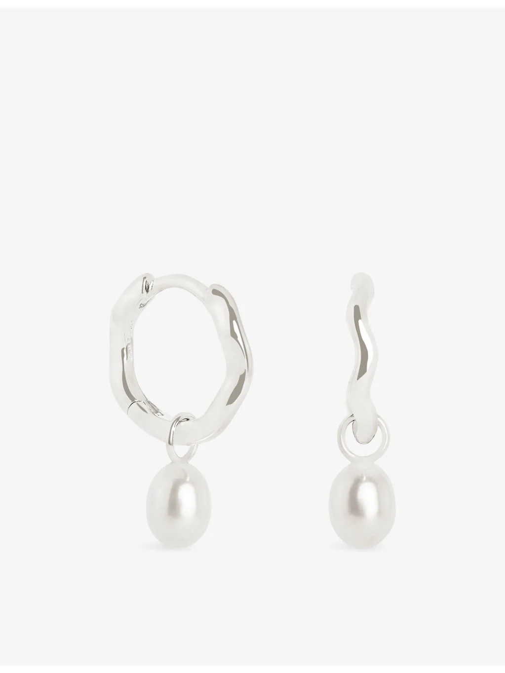 Wave 14ct White Gold and Cultured Pearl Charm Huggie Drop Earrings - 1