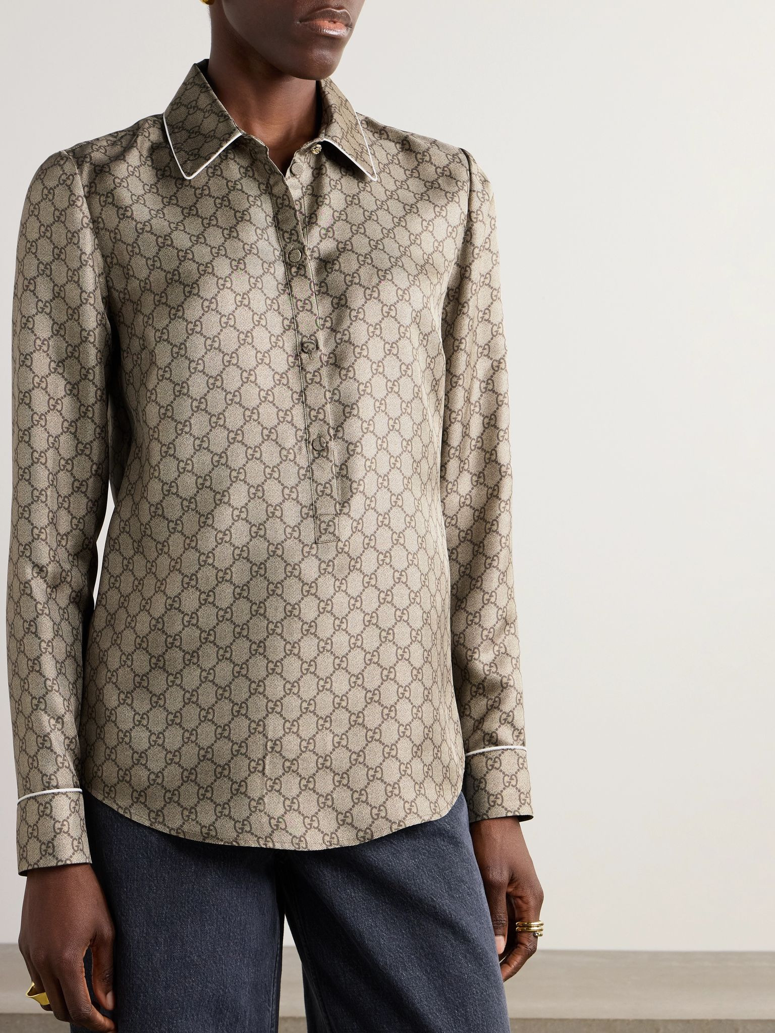 Monogram-print silk-satin shirt Camel - 3