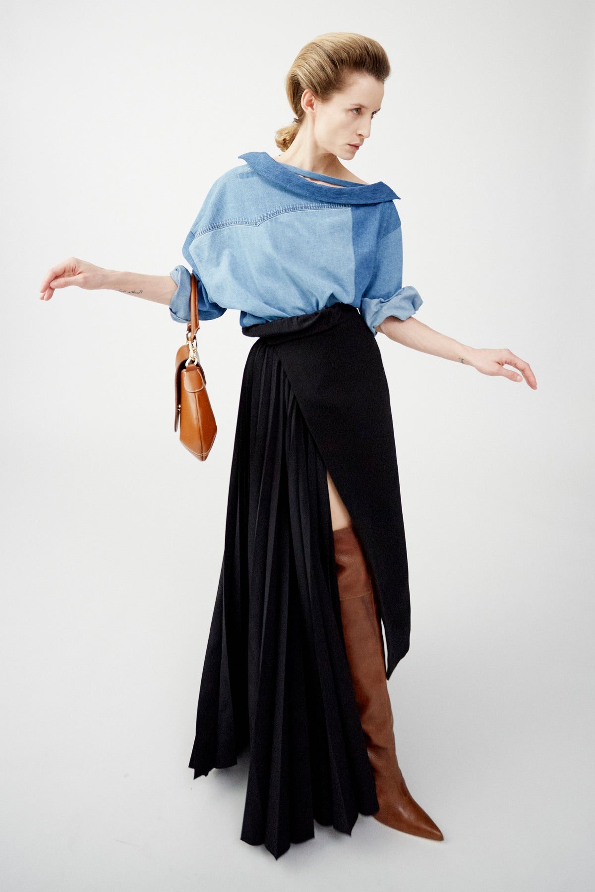 OFF SHOULDER UPCYCLED DENIM BACK TO FRONT SHIRT BLUE - 10