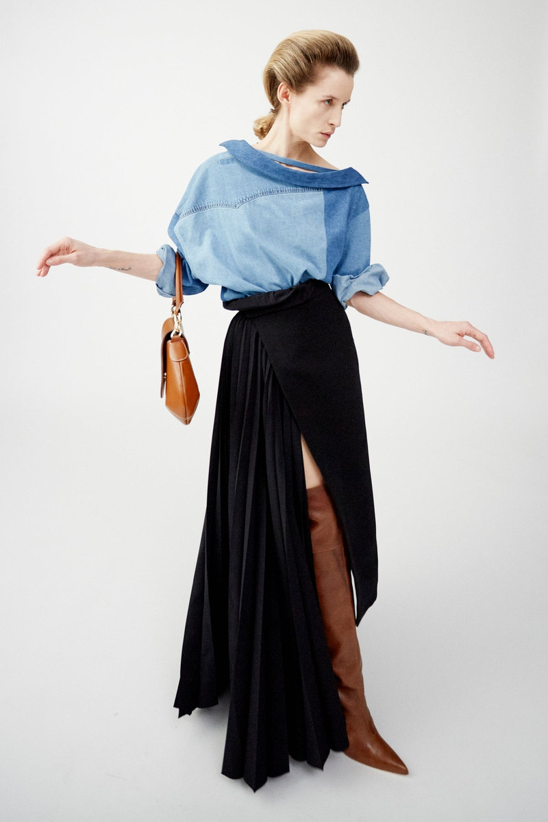 OFF SHOULDER UPCYCLED DENIM BACK TO FRONT SHIRT BLUE 10