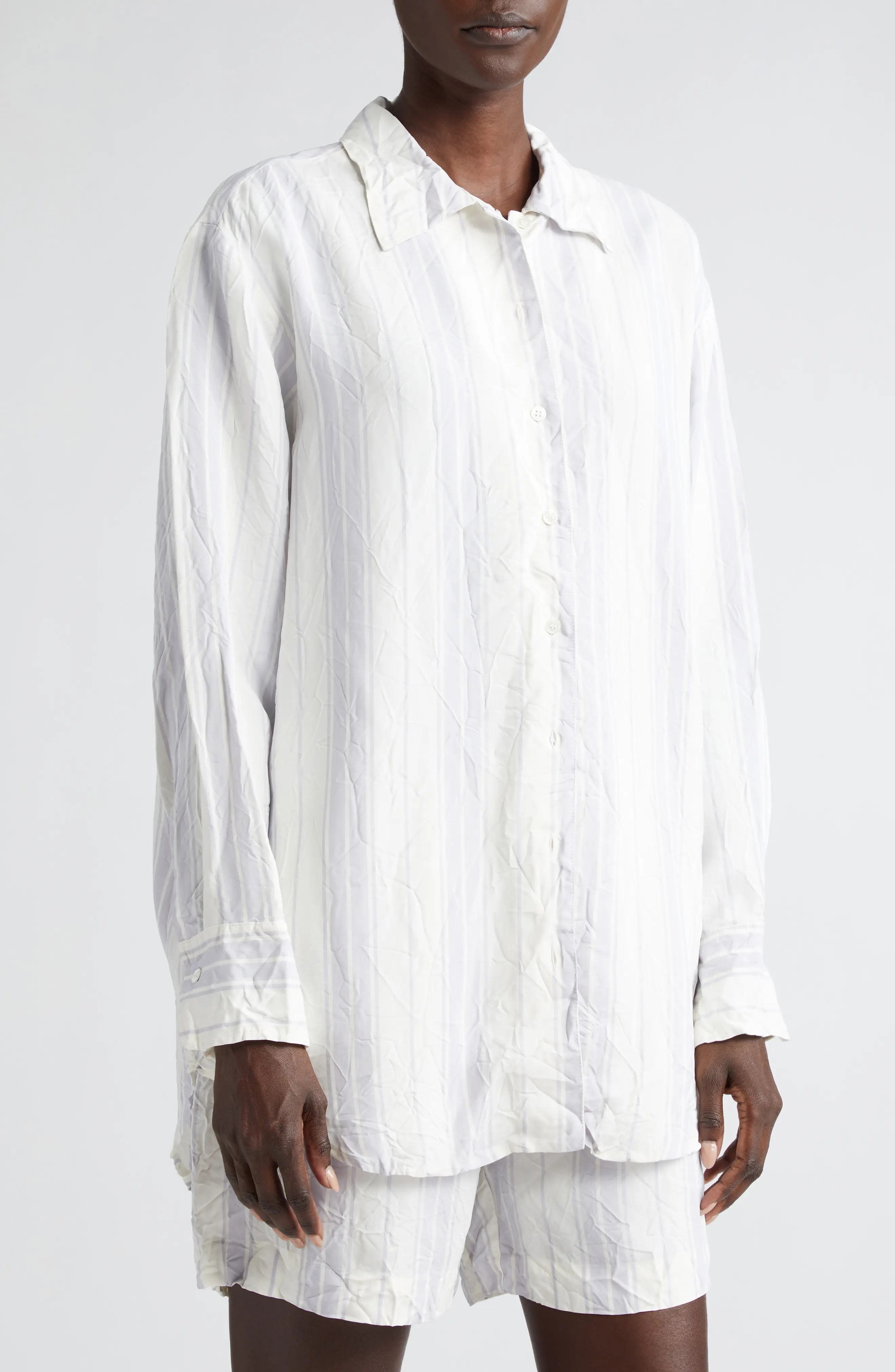 Portico Stripe Rumpled Satin Button-Up Shirt - 5