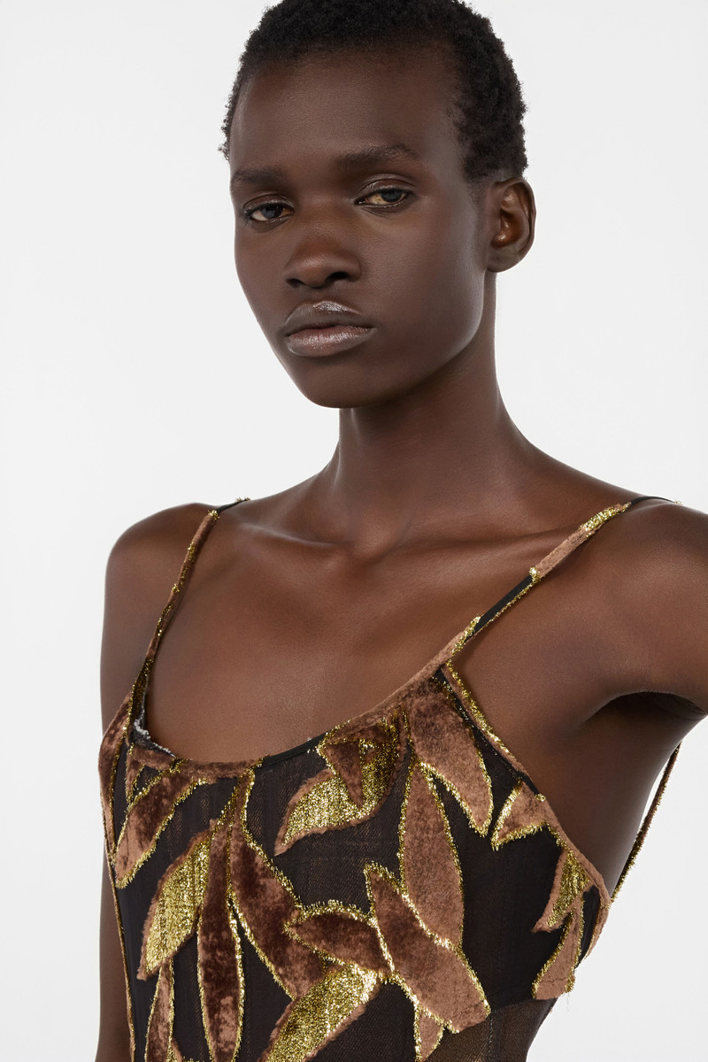 Chocolate Sheer Mini Dress with Foliage Motif 6