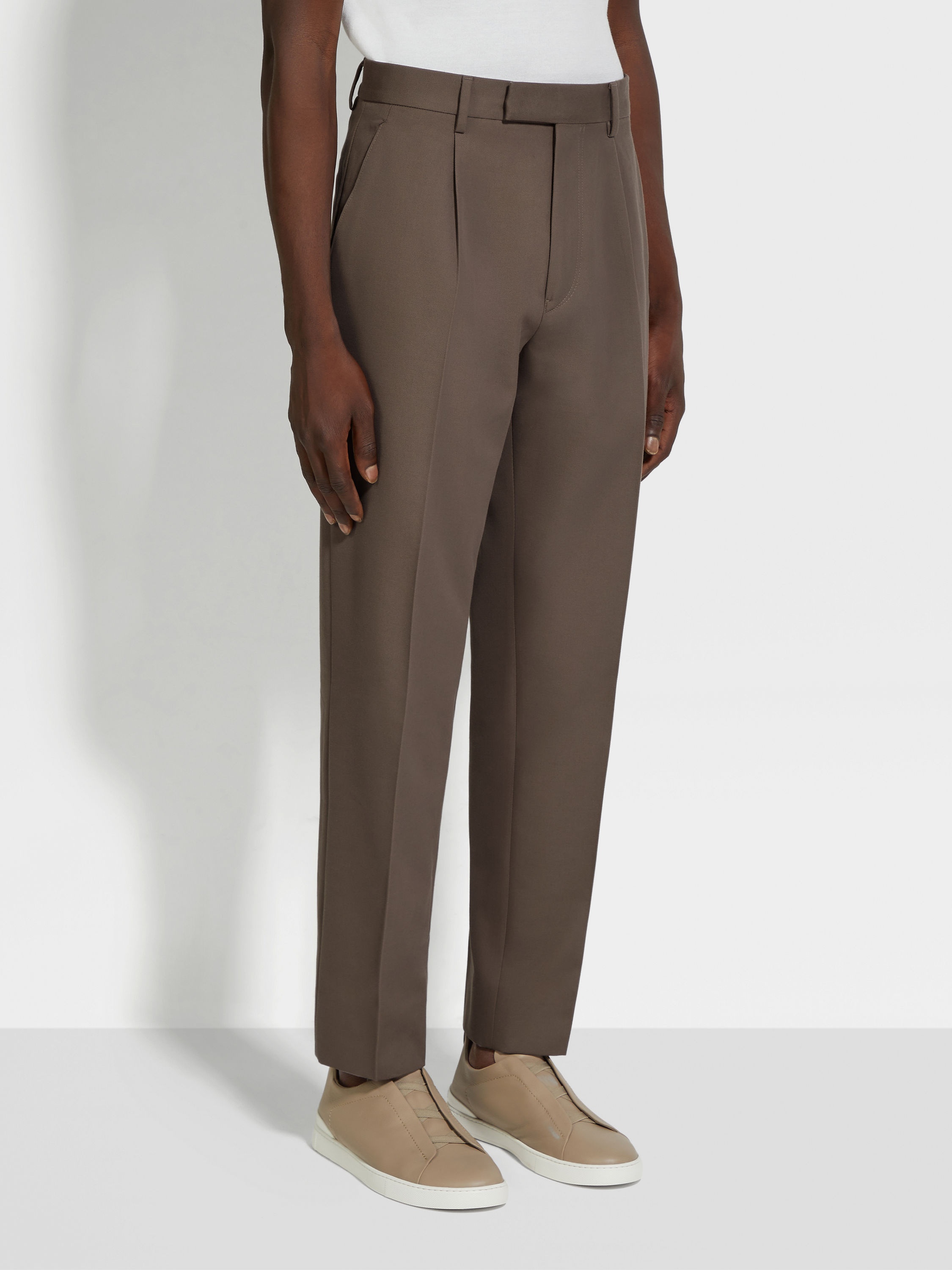 DARK TAUPE COTTON AND WOOL PANTS - 5