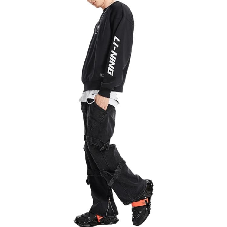 Li-Ning Sports Fashion Series Embroidered Logo Loose Fleece Lined Round Neck Pullover 'Black' AWDQD2 - 4
