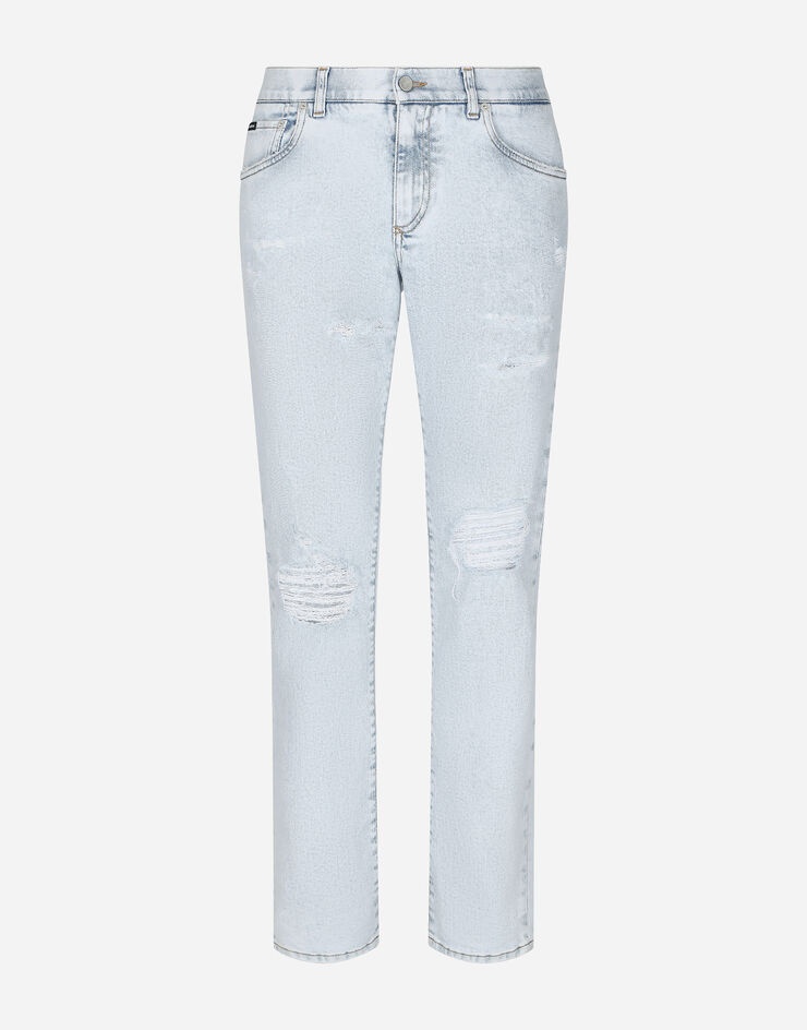 Stone-bleached slim-fit stretch jeans with rips - 3