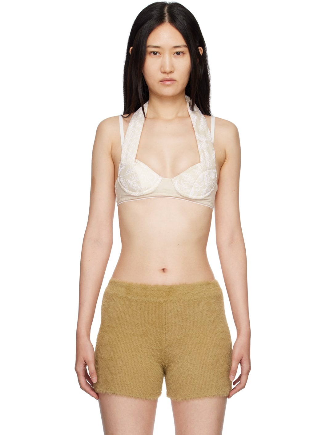 Beige & White Le Papier 'Le Haut Cuscinu' Bra - 1