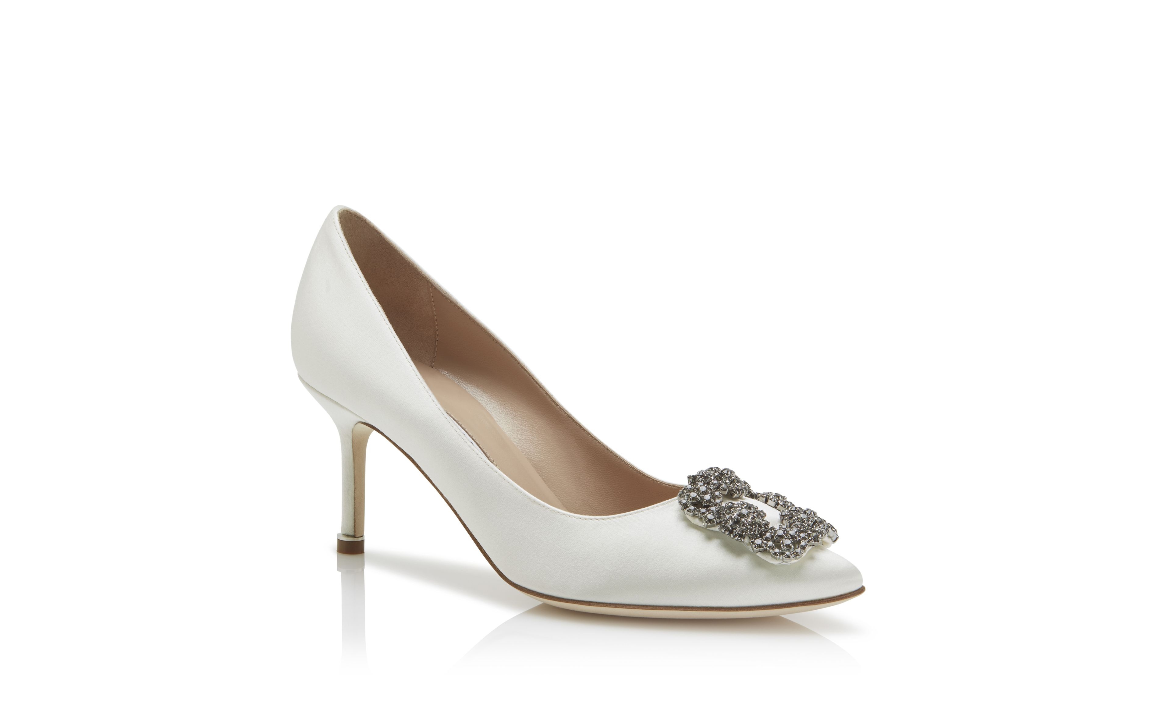 White Satin Jewel Buckle Pumps - 3