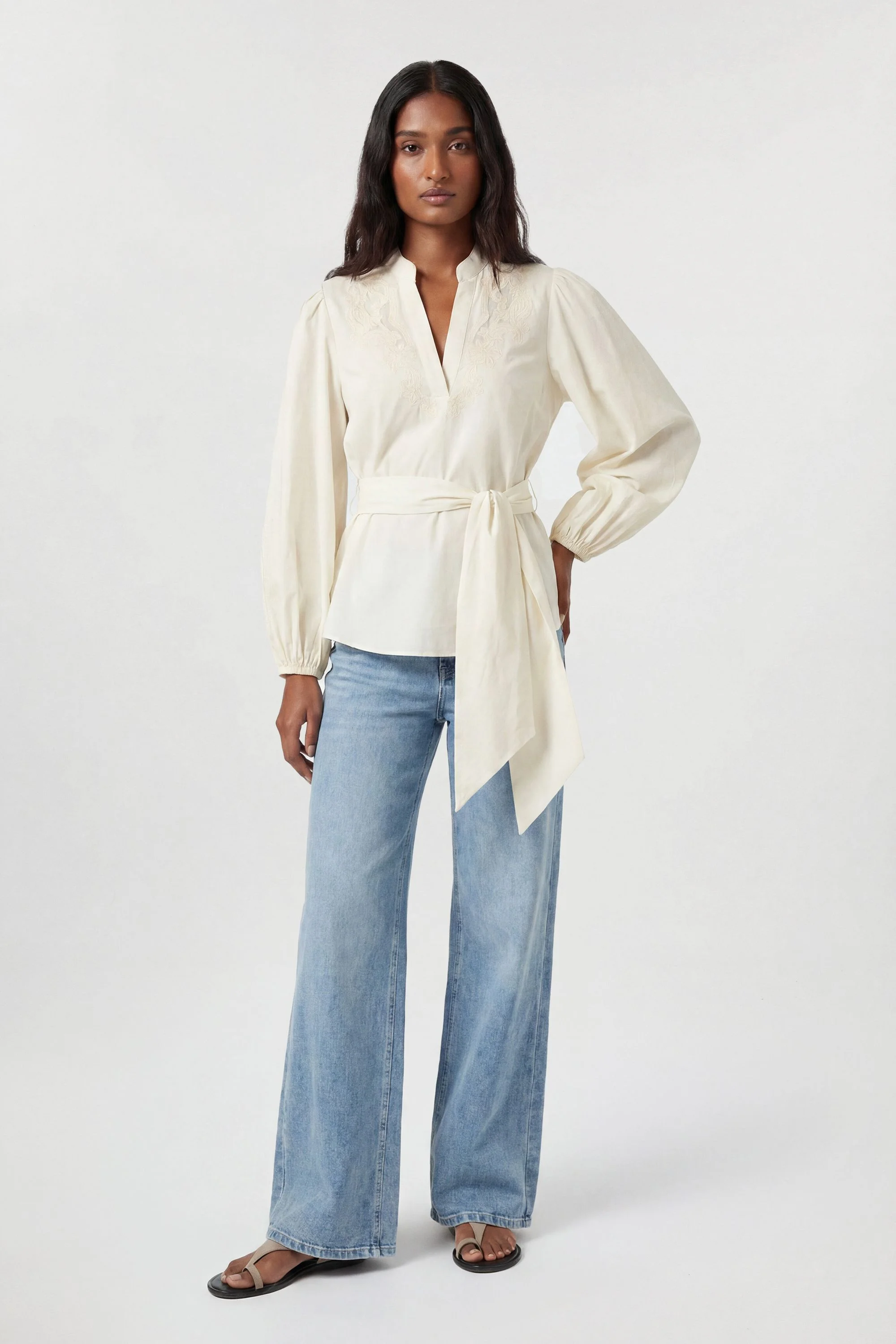 Poplin Embroidered Detail Belted Blouse - 1