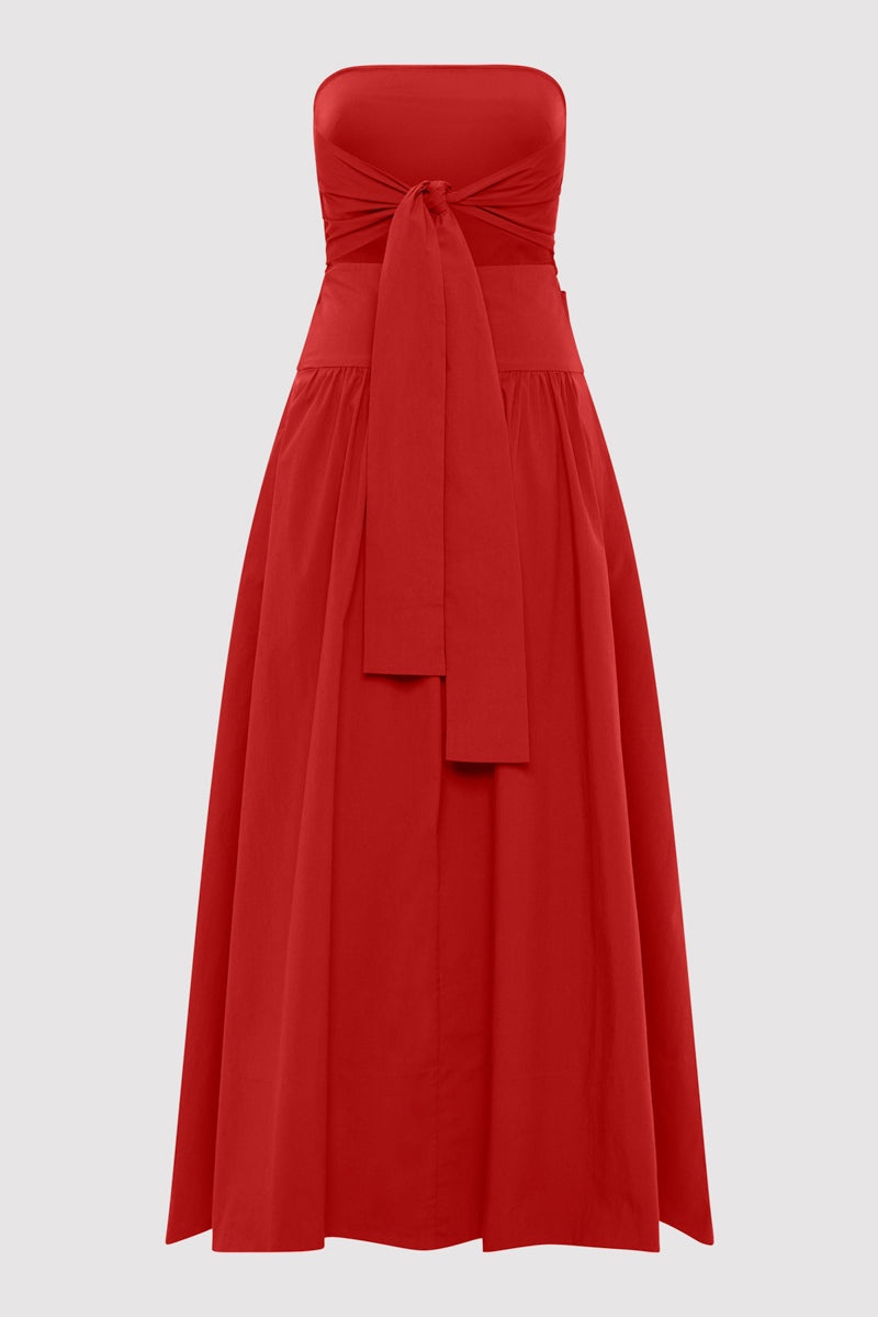 Gathered Strapless Tie Back Dress - Rosso - 7