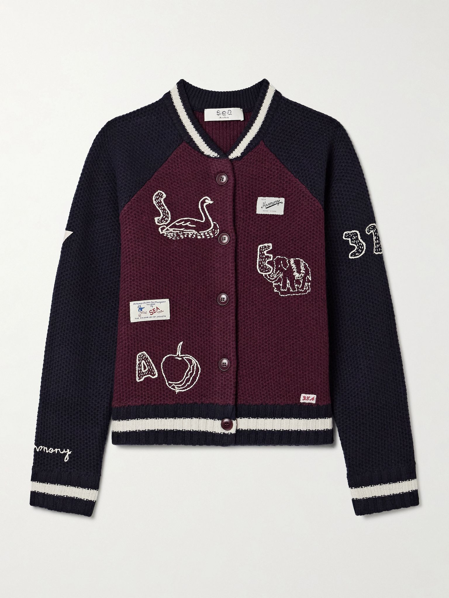 Archer embroidered appliquéd merino wool cardigan Burgundy - 1