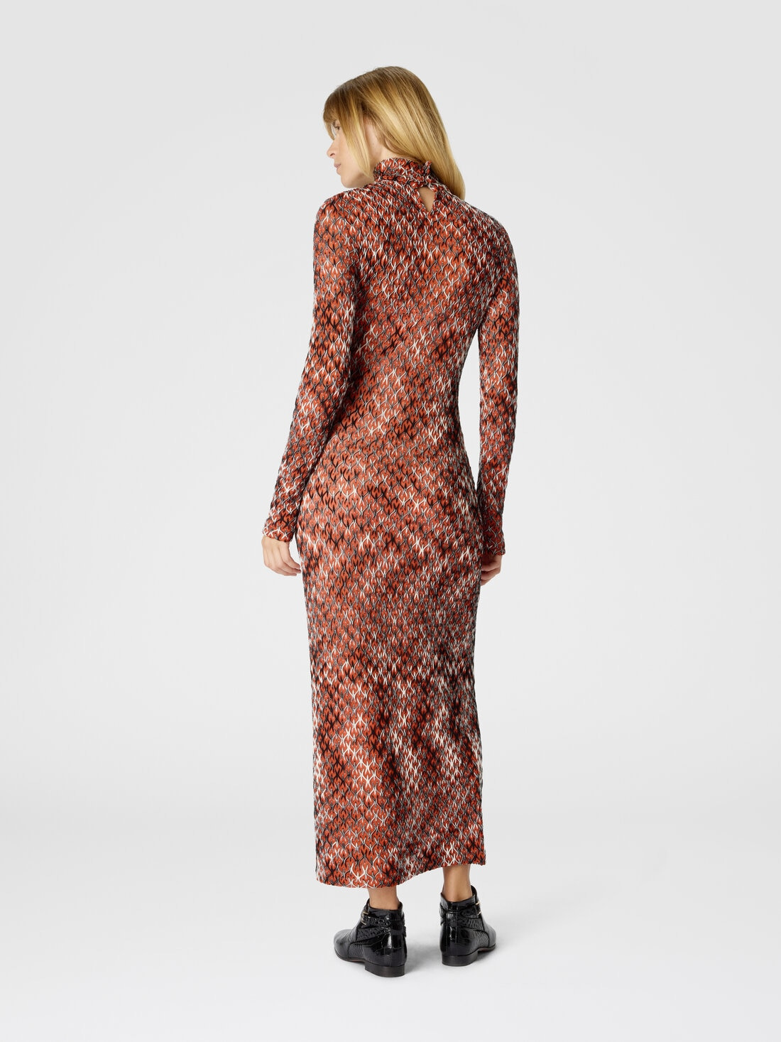 High-Neck Long Dress in Flame Lace - 3