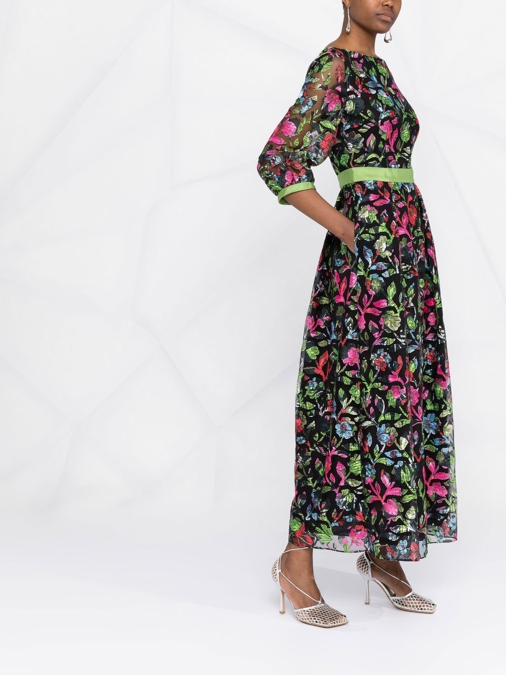 floral-embroidered sheer-sleeve dress - 4