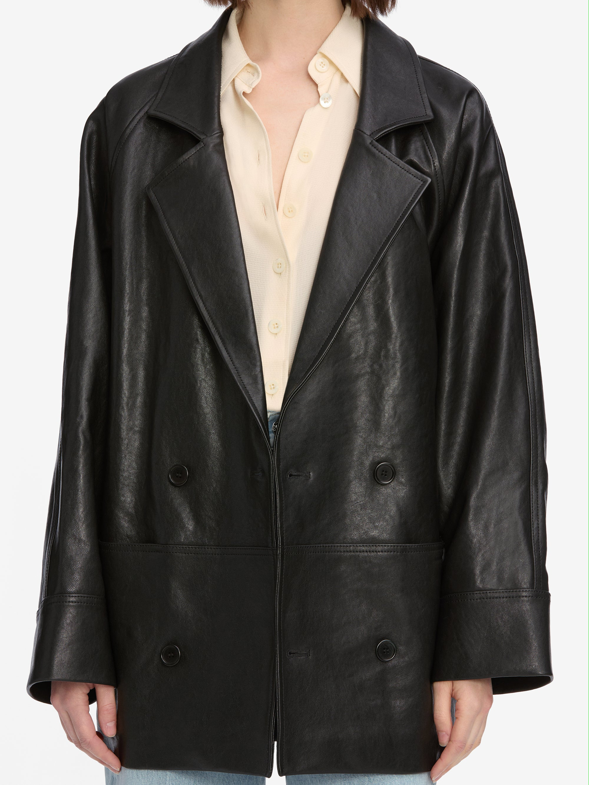 Oversized Leather Jacket in Black - 4